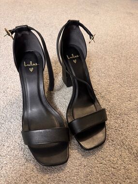 Lulu's Black Square-Toe Ankle-Strap Block Heels